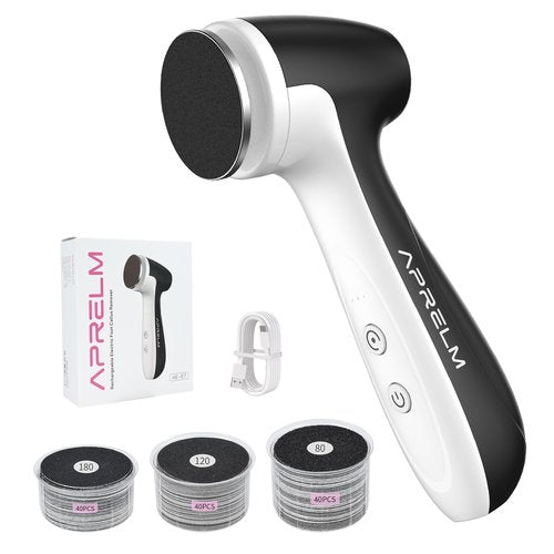 AprElm Rechargeable Electric Foot Callus Remover with 3-Sizes 120Pcs Sandpaper Discs, Professional 1000RPM 3-Speed Control Electric Foot File (E7 Black)