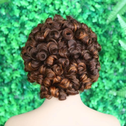 IMAYLI Fringe Bouncy Human Hair Wigs For Black Women Afro Rose Curly Funmi Glueless Wigs with Bangs Short Bouncy Curly Bob Wig With Bang 8Inch 180% Density P4/30