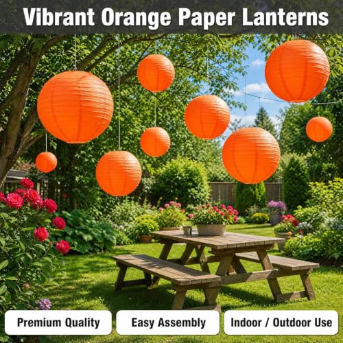 Orange Chinese Paper Lanterns with LED Lights - 12 Inch, 10 Pack - Indoor/Outdoor Decor