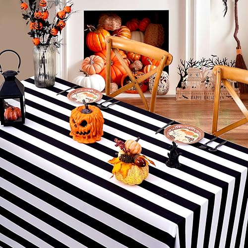 Black White Striped Rectangular Tablecloth 57x84 Inch Halloween Dining Decor - Variation of Black&White