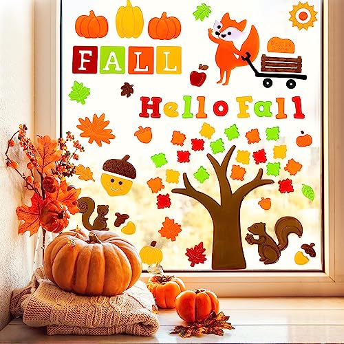 Fall Gel Window Clings Stickers - 6 Sheets Maple Leaf Pumpkin Fox Decor