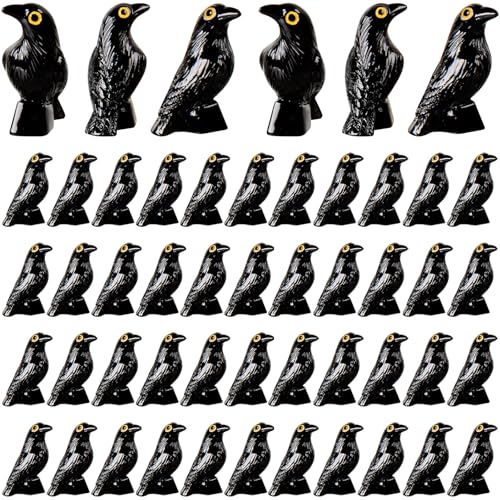50 Pcs Mini Resin Black Raven Bird Figurines Halloween Decor Tiny Crow Decorations