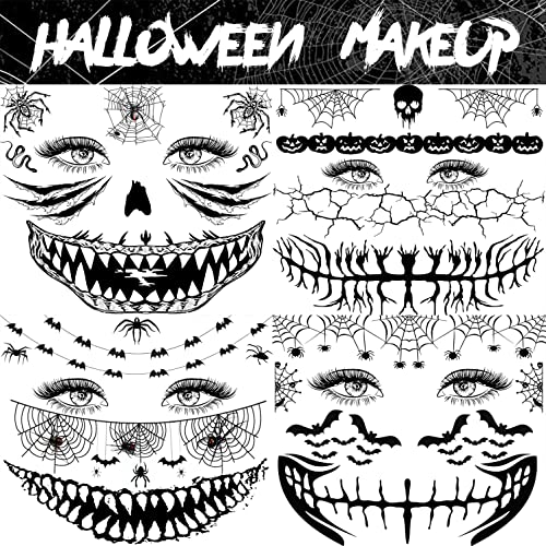 Halloween Face Temporary Tattoos Set - ScaryFace Variation, 4 Sheets, Kids & Adults