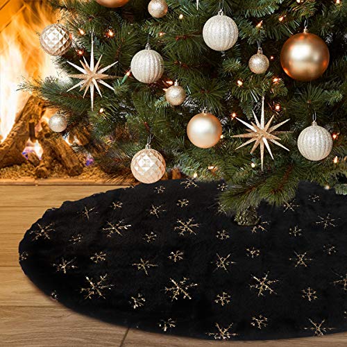 48 Inch Black Gold Faux Fur Christmas Tree Skirt with Sequin Snowflakes