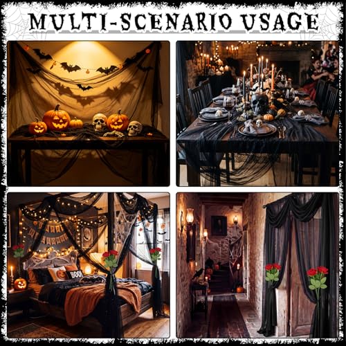Halloween Black Sheer Curtain Set with Red Roses for Doorway & Hallway Decor