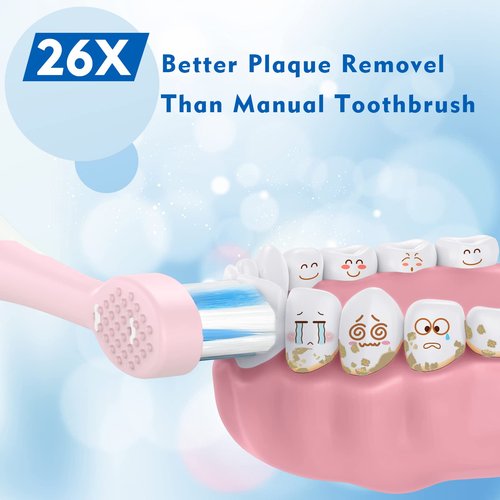 FUMEIKANG Kids Electric Toothbrushes 2 Pack Smart Sonic Toothbrush for Boys and Girls 3 4 5 6 7 8 9 10 11 12 (Blue+Pink, 2 Pack)
