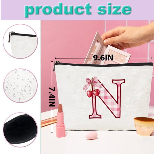 CQM Initial Makeup Bag Monogram Cosmetic Bag Monogrammed Gifts for Women Girls Friends Coworker Sisters Personalized Travel Toiletry Bag Christmas Bridal Shower Wedding Bridesmaid Gifts, Cherry N