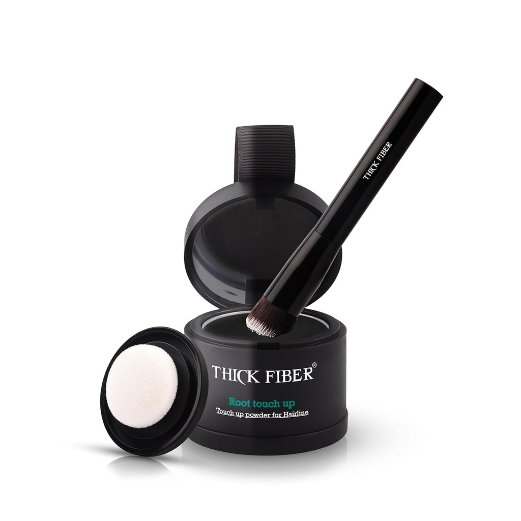 THICK FIBER Root Touch Up Powder - Water & Sweat Resistant Hair Loss Concealer Set for Women | Black