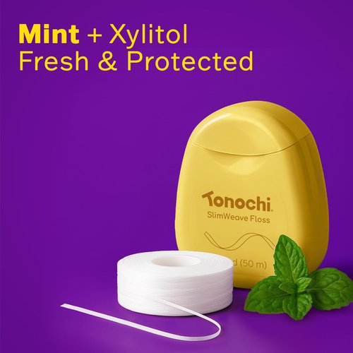 Tonochi SlimWeave Flat Dental Floss for Tight Teeth & Tight Spaces – Extra Thin, Smooth-Glide, Gentle on Gums, Mint + Xylitol, 3-Pack (50 m Each)