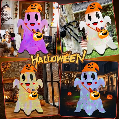 5FT Halloween Inflatable Ghost with Witch Hat and Pumpkin Candy Can with LED Light
