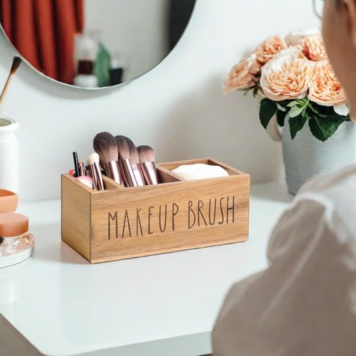 LBEMEY Acacia Wood Makeup Brush Organizer for Vanity,Cosmetic Skincare Organizers, Makeup Organizer with 3 Slots,Organizer Countertop for Cosmetics,Skincare, Brushes, Mascara,Lipstick,Pencils, Brown