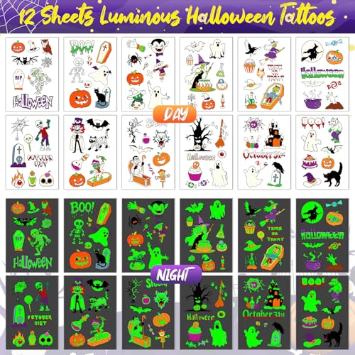Halloween Luminous Temporary Tattoos for Kids - 12 Sheets, Safe & Waterproof
