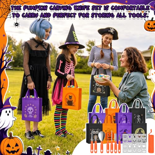 Halloween Pumpkin Carving Kit 8-Person Set with Tools Templates + Tote Bag (Variation of 160/Mixed Style)