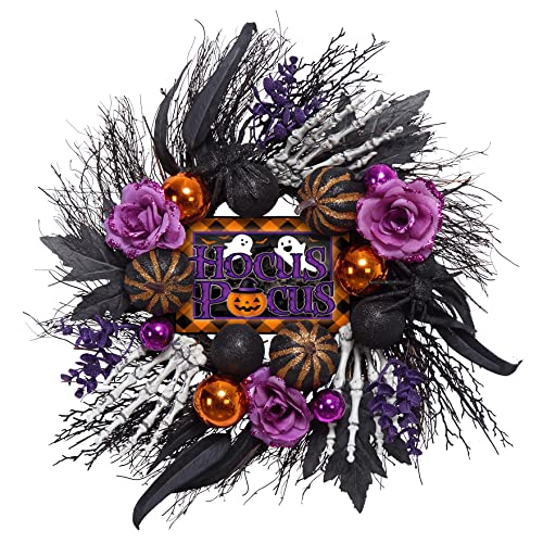 Halloween Wreath for Front Door - 20 Inch Fall & Holiday Decor with Pumpkins, Skulls, Ghost Sign