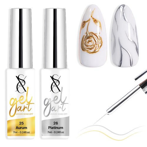 SXC Cosmetics Gel Liner Nail Art Set – Gold & Silver 2pcs Gel Liner Nail Art Chrome 3D High-Gloss Effect for Nail Paint Design with Thin Brush DIY French Manicure Curing Requires