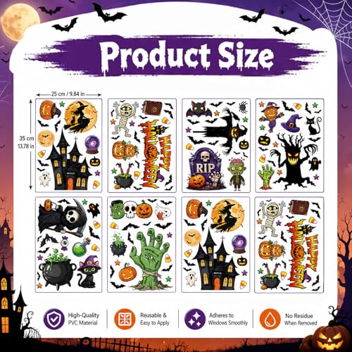 Halloween Window Clings Set Reusable Spooky Decals for Glass - Pumpkins Ghosts Bats