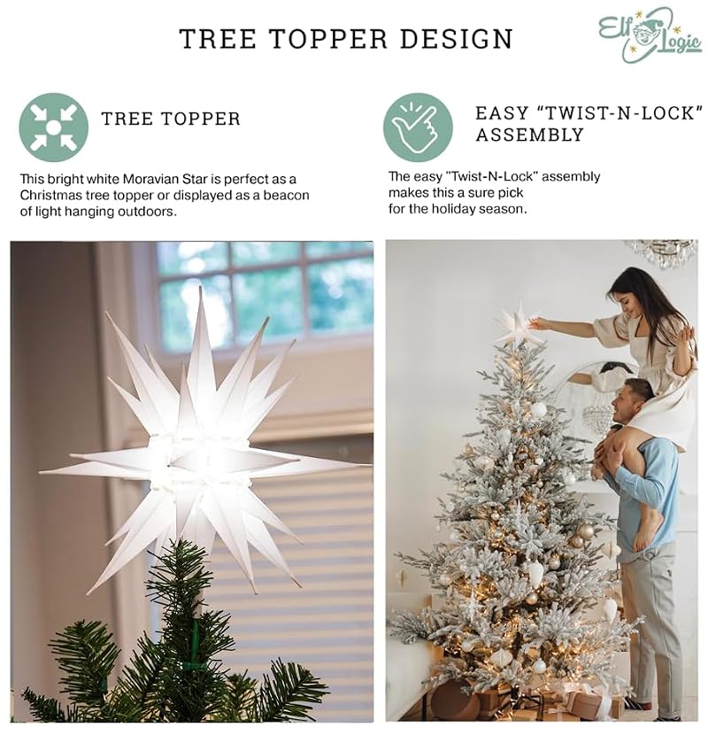 White LED Moravian Star Tree Topper - 12 Inch Indoor & Outdoor Christmas Light