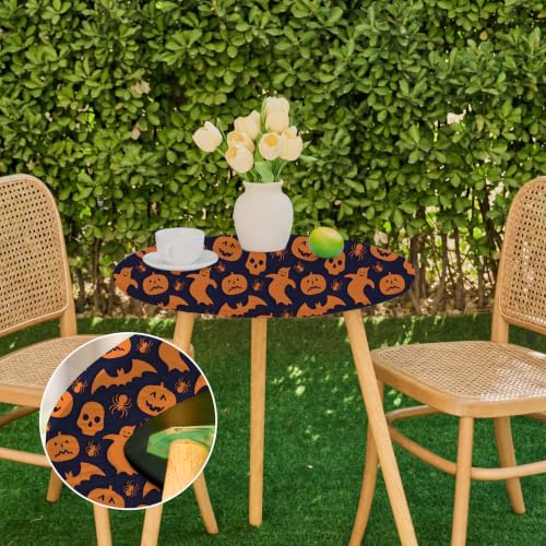 Halloween Black Outdoor Round Fitted Tablecloth 24 Inch with Orange Spider & Bats - Elastic, Washable, Wrinkle-Free