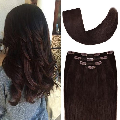 16" Clip in Hair Extensions Remy Human Hair for Women - Silky Straight Human Hair Clip in Extensions 55grams 4pieces Dark Brown #2 Color