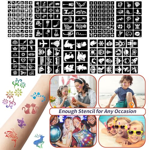 Kids Glitter Tattoo Kit - 38 Colors, Fluorescent & Glitter, Stencils & Accessories