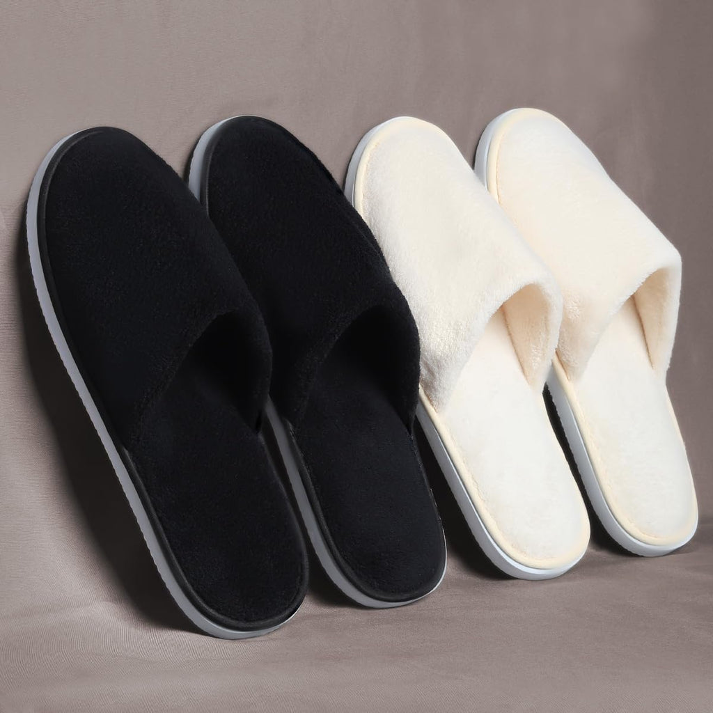 Yeios Disposable Slippers for Guest 12 Pairs Hotel Slippers Spa Slippers for Travel,0.78inch Extra Thick Sole 180GSM Coral Fleece Non-slip Reusable Washable,Two Size for Women and Men Beige and Black