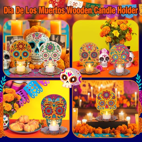 LemonRoad Day of the Dead Skull Candle Holders - DIY Wooden Marigold Ofrenda Decor - Variation of Skull