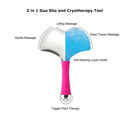 Greenstalk Stainless Steel Gua Sha Facial Tool for Women｜2-in-1 Cooling Massager & Ice Roller with Handle, Built-in Anti-Freeze Liquid for Skincare, Lifting, and Puffiness Relief
