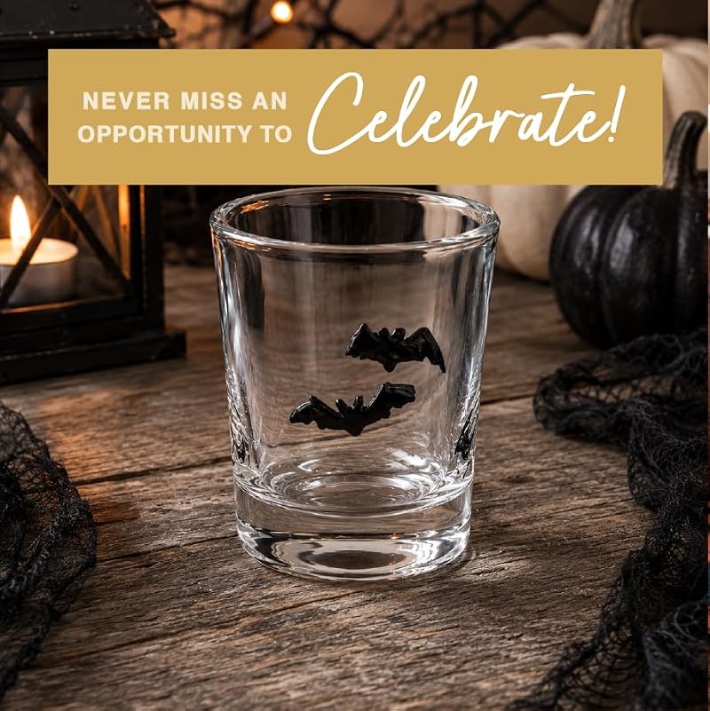 Halloween Bat Icon Double Old Fashioned Cocktail Glass - 16oz, Handblown, Spooky Party Drinkware - Bats Variation