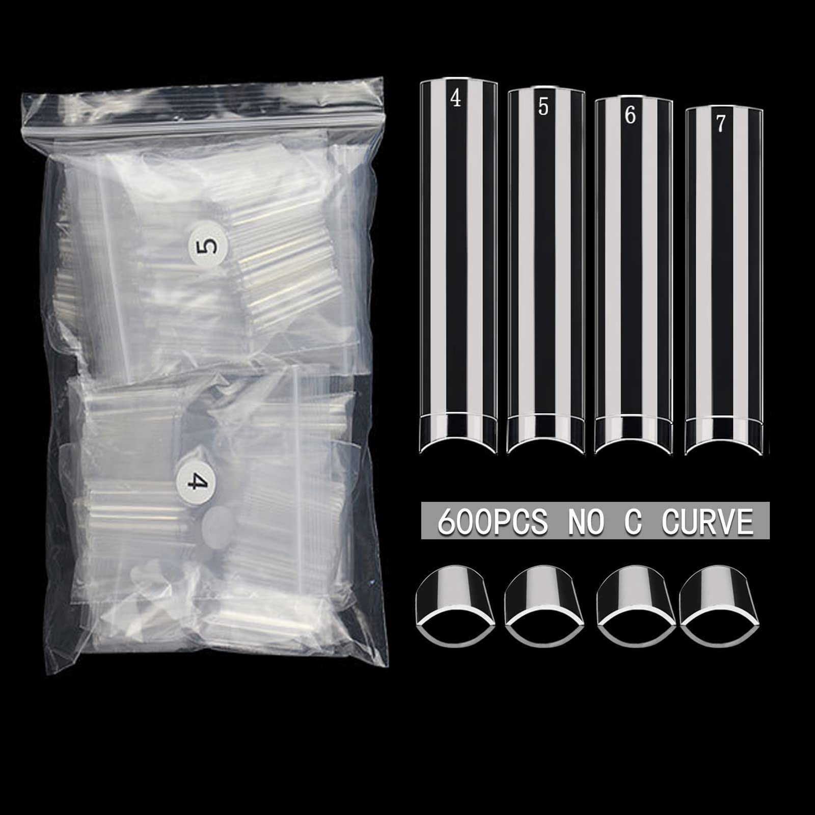 XXL No C Curve Nail Tips, SWETIDY 600Pcs Refill Size of 4,5,6,7 Clear Acrylic Nails Square Shape Nail Half Cover
