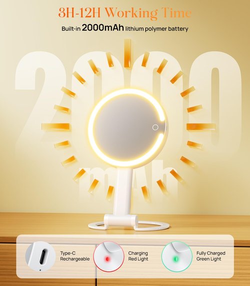 Gospire Magnifying Travel Makeup Mirror with Light 10X 1X Magnifition 2-Sided Lighted Vanity Mirror Rechargeable 3 in 1 Hand Held Desk Hanging, 3 Color Dimmable Lights, White