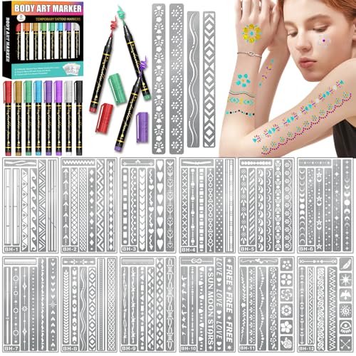 Mandala Arm Marker - Metallic Body Art Tattoos Kit with Reusable Stencils