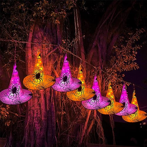 12 Pcs Lighted Halloween Witch Hat Decorations with 8 Modes - Outdoor String Lights