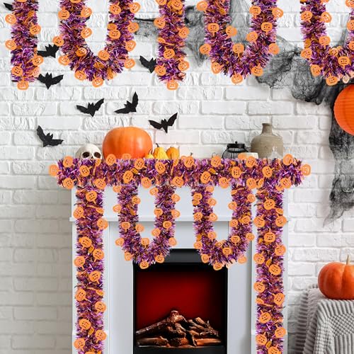 50 FT Halloween Tinsel Garland with Purple & Black Pumpkins - Glitter Decor Streamers