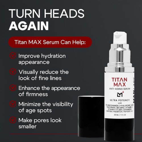 Man Labs Titan MAX Anti-Aging Face Serum for Men - Ultra Potency Skin Tightening Cream with Vitamin C & E, 10% Niacinamide, Hyaluronic Acid - Unscented
