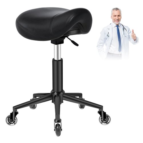 Saddle Stool Heavy Duty 400lbs - Ergonomic Thick Saddle Seat Cushion, Easy Height Adjustable, Healthy Posture No Pain, Smooth Rolling No Creaky Noises, Rolling Saddle Stool Chair with Wheels (Black1)