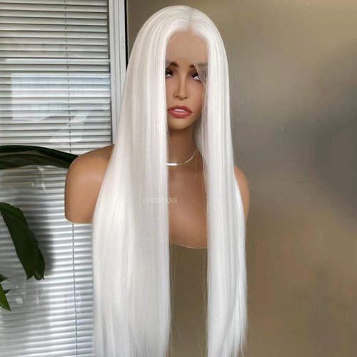 COCOFANS White Synthetic Lace Front Wigs for Women Girls Long Silky Straight Lace Wig Glueless Natural Hairline Wig Middle Part Heat Resitant Fiber Hair