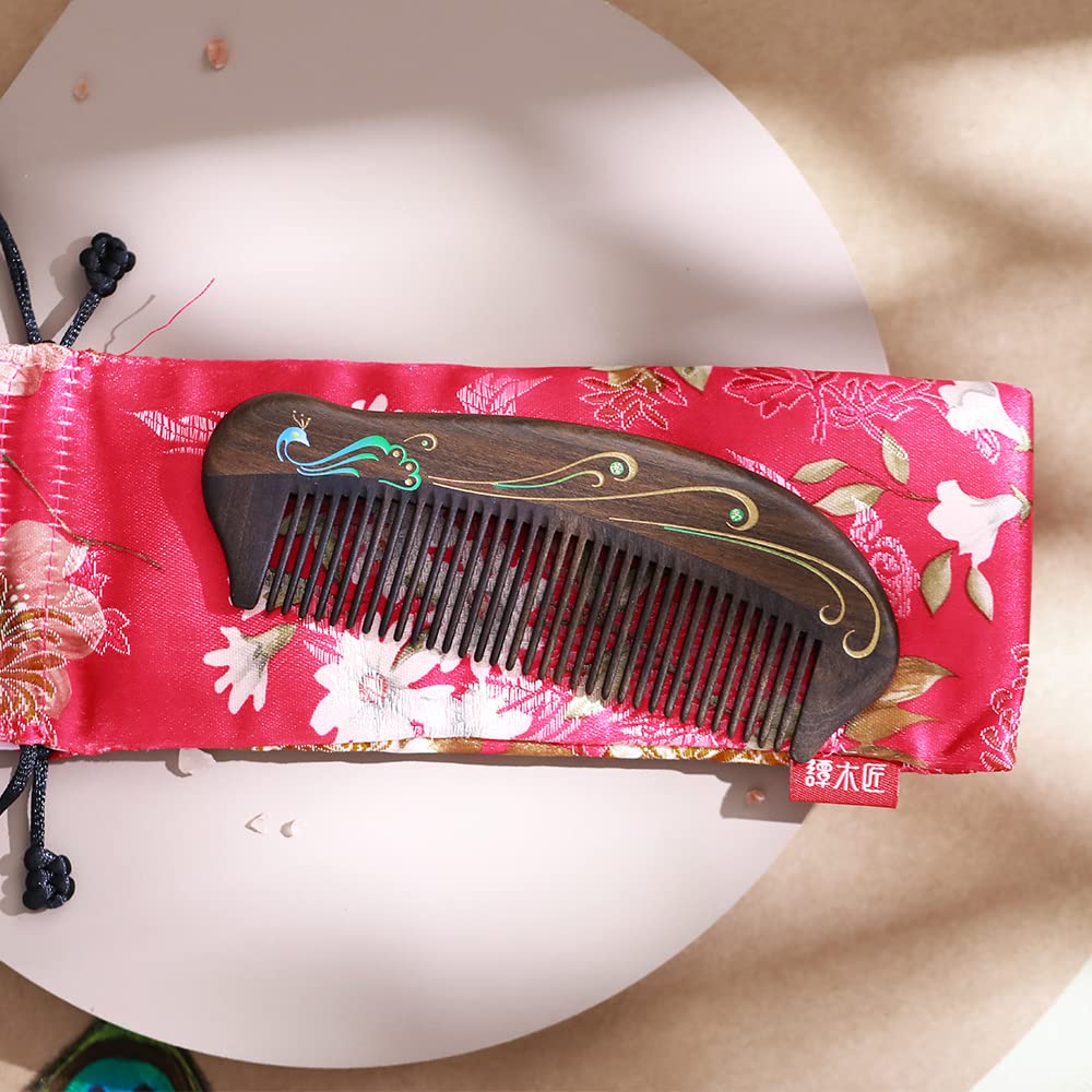 TAN MUJIANG Anti-Static Hair Comb - 5.12" Detangling Fine Tooth Wooden Comb for Women & Girls