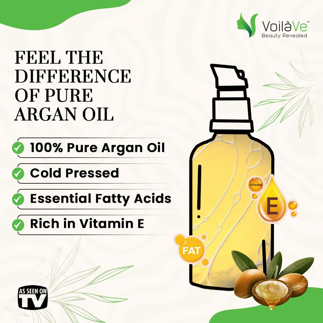 VoilaVe Organic Moroccan Argan Oil - Cold Pressed Anti-Aging Moisturizer for Skin, Hair & Nails | 4 fl oz