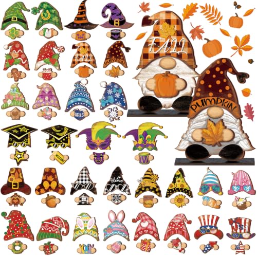 Seasonal Wooden Gnome Decor Set with Interchangeable Hats and Accessories - Farmhouse Holiday Centerpieces