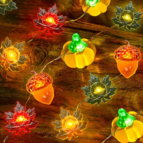 Fall Decor String Lights 10FT 40 LED Acorn Maple Leaves Pumpkin Lights - Yellow, Orange, Green