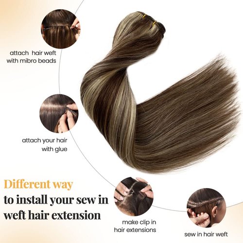 Smartinnov Ombre Blonde Hand Tied Weft Hair Extensions Brown with Blonde Highlights Human Hair Sew in Hair Extensions Silky Straight Double Weft 4/613 Blonde Balayage Bundles for Sew in 12 Inch 80G