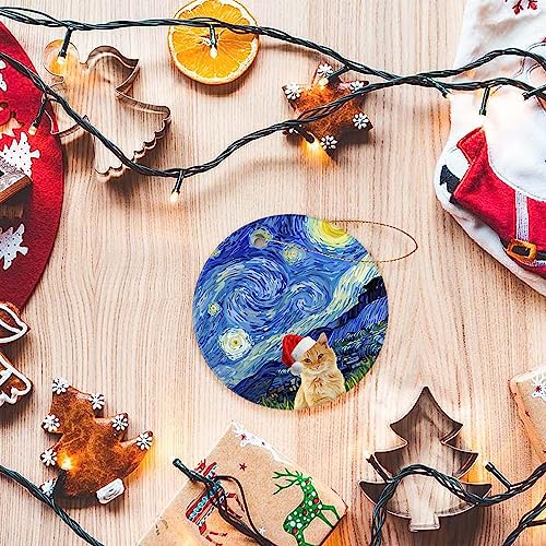 Christmas Ornament 2024 - Orange Cat in Hat with Blue Starry Background, 3 Inch Ceramic Keepsake