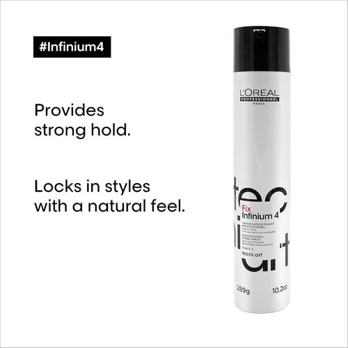 L'Oréal Professionnel Paris Infinium 4 Hairspray - Strong Hold, Natural Feel & Shine | Reduces Frizz for All Hair Types