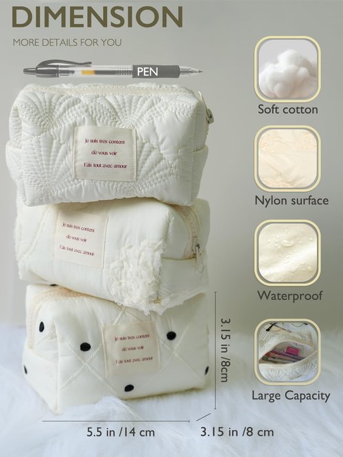 Sminra White Makeup Bag Small Nylon Cotton Quilted Cosmetic Makeup Bag Organizer, Aesthetic Floral Waterproof Portable Pouch Purse Toiletry Bag for Women Girls Travel accessories (White Lace-S)