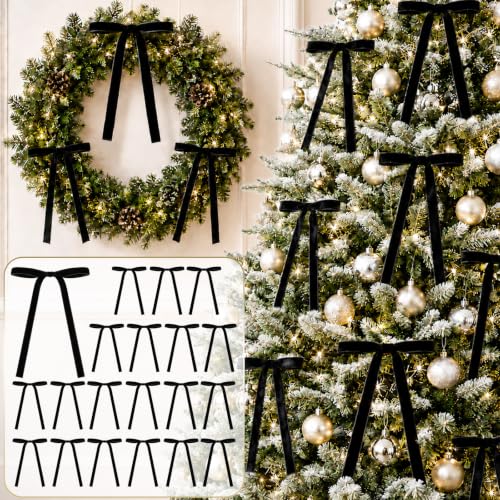 Black Velvet Ribbon Bows Decorations - Halloween Tree Ornaments, Set of 24