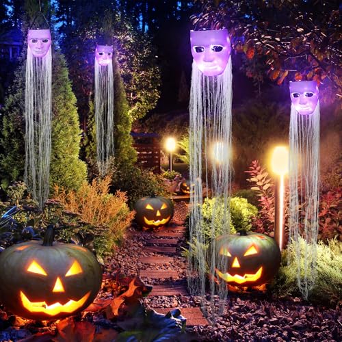 Halloween Hanging Ghost Decorations Set with Purple LED Lights - Outdoor Spooky Ghosts, 4 Pieces