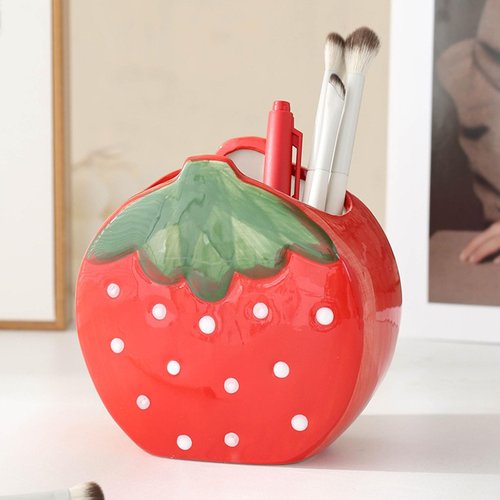 TANG SONG Ceramic Strawberry Make up Brush Holder Cosmetic Storage Box Pen and Pencil Holder Desktop Organizers (Red)