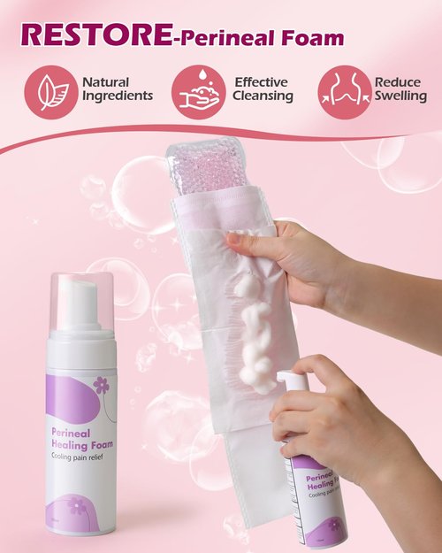 Postpartum Essentials Kit - Peri Bottle,Perineal Ice Packs,Perineal Healing Foam,Disposable Underwears,Cooling Pad Liners,Bath Salts,Canvas Bag,Card,Postpartum Gifts for Mom
