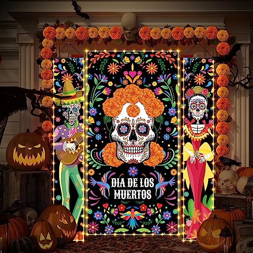 Preboun Day of the Dead Door Banner Set with LED Lights - Sugar Skull & Marigold Decor