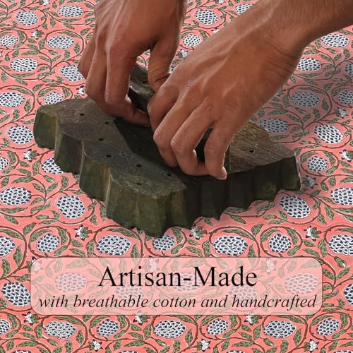 Dark Salmon Pink Cotton Ruffle Hand Block Print Tablecloth 60x60 Square - Ridhi